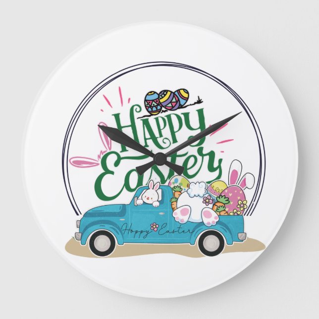 Reloj Redondo Grande Funny Bunny Happy Easter Day (Anverso)