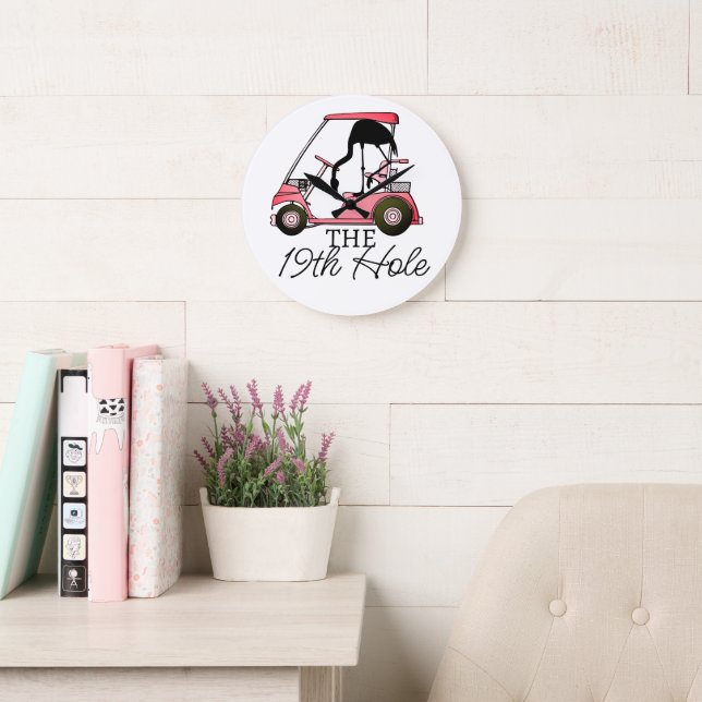 Reloj Redondo Grande Funny Carro de golf 19th Hole Flamingo (Sala de lectura)