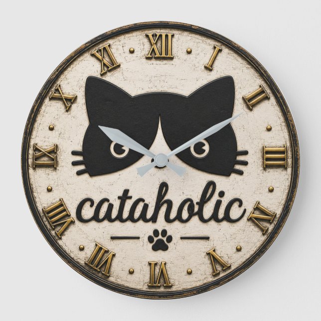 Reloj Redondo Grande Funny Cataholic Cat (Anverso)