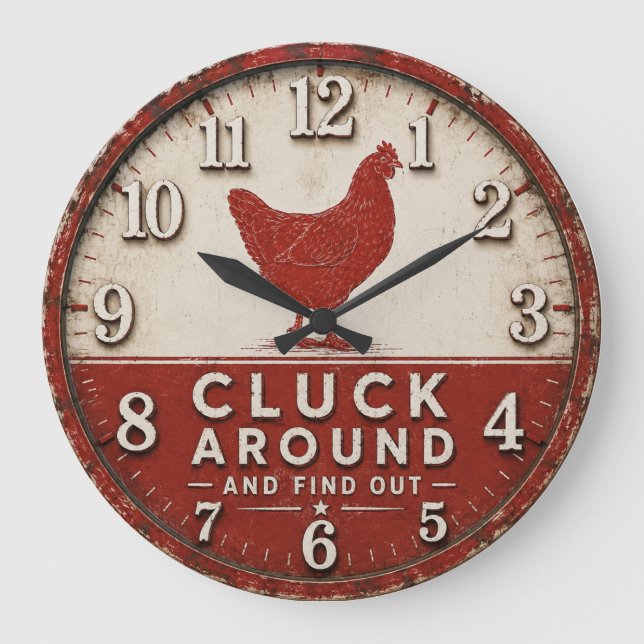 Reloj Redondo Grande Funny Chicken Rustic Farmhouse  (Anverso)
