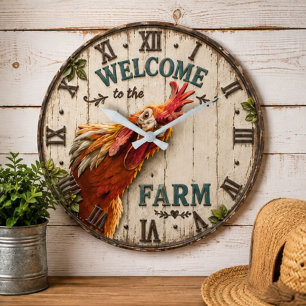 Reloj Redondo Grande Funny Chicken Welcome to the Farm Rustic