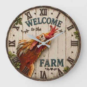 Reloj Redondo Grande Funny Chicken Welcome to the Farm Rustic