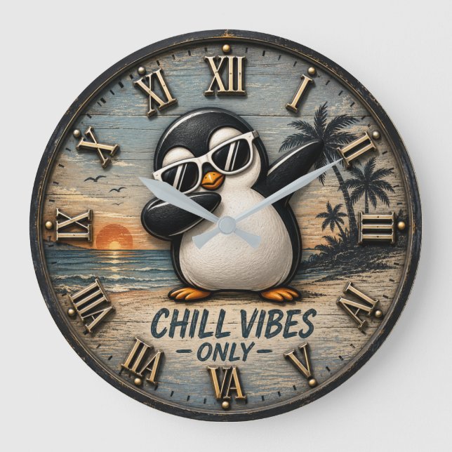 Reloj Redondo Grande Funny Chill Vibes Only Penguin (Anverso)