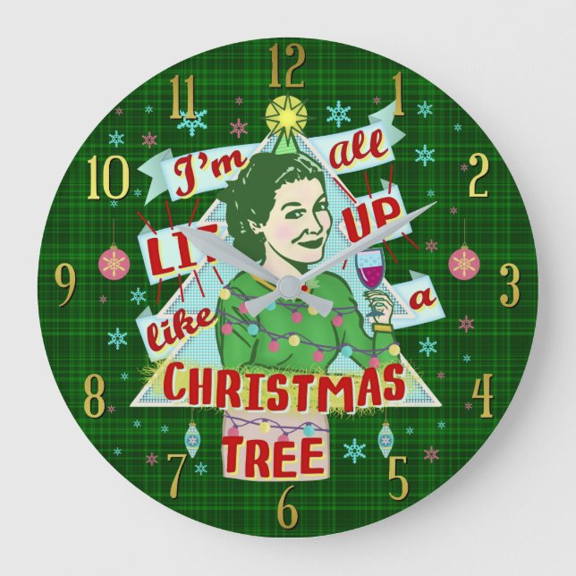 Reloj Redondo Grande Funny Christmas Retro Drinking Humor Woman Lit Up (Anverso)