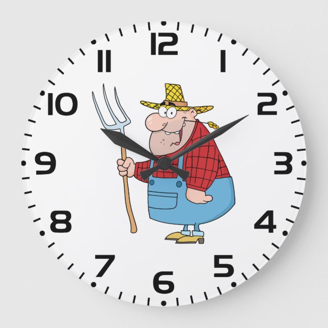 Reloj Redondo Grande Funny Farmer Pitchfork Overalls and Straw Hat (Anverso)
