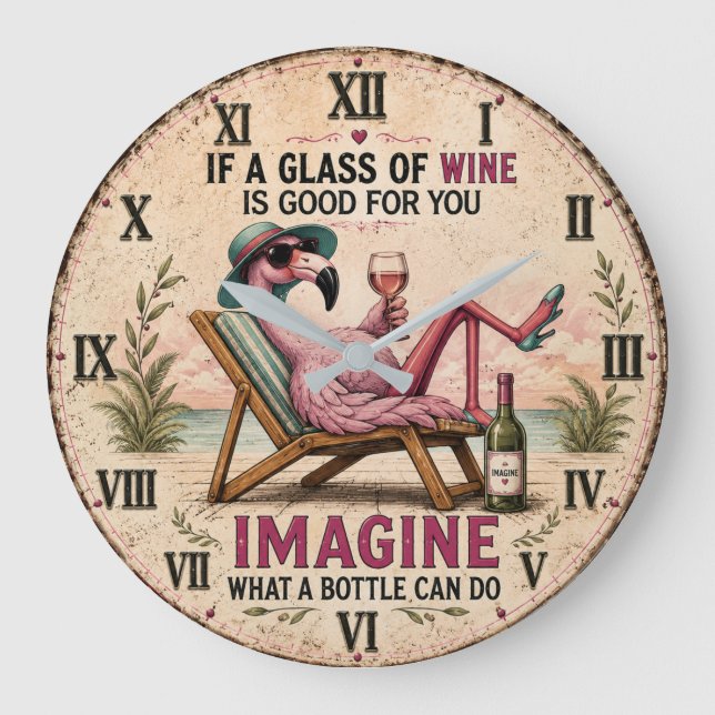 Reloj Redondo Grande Funny Flamingo Beach (Anverso)