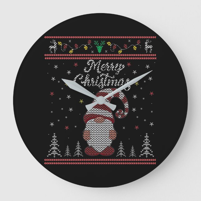Reloj Redondo Grande Funny Gnome Merry Christmas (Anverso)