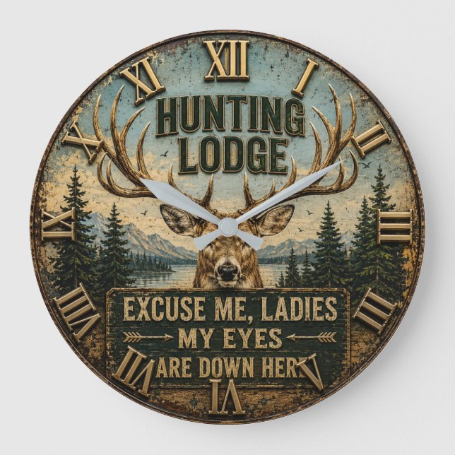 Reloj Redondo Grande Funny Hunting Lodge Rustic Deer Hunter Decor (Anverso)