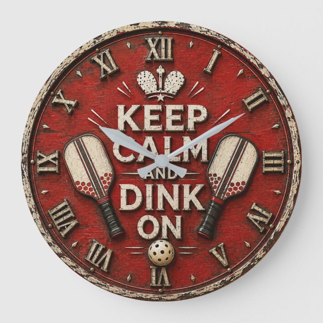 Reloj Redondo Grande Funny Keep Calm and Dink On | Rustic Pickleball  (Anverso)