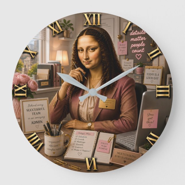 Reloj Redondo Grande Funny Mona Lisa Administrative Assistant Office  (Anverso)