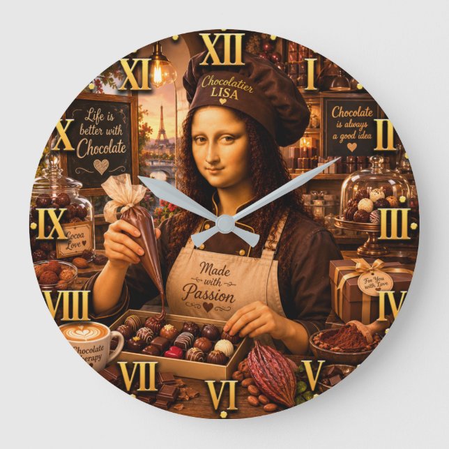 Reloj Redondo Grande Funny Mona Lisa Chocolatier Gourmet Candy Maker  (Anverso)