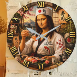 Reloj Redondo Grande Funny Mona Lisa Sushi Chef Japanese Kitchen Decor