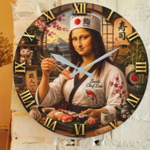 Reloj Redondo Grande Funny Mona Lisa Sushi Chef Japanese Kitchen Decor