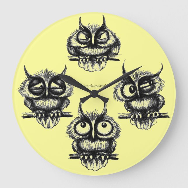 Reloj Redondo Grande Funny owls pen, ink drawing clock design (Anverso)