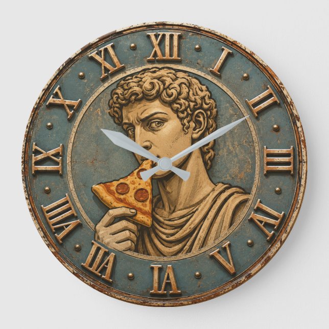 Reloj Redondo Grande Funny Pizza David Renaissance Art Parody Kitchen  (Anverso)