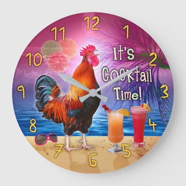 Reloj Redondo Grande Funny Rooster Cocktail Time Tropical Beach (Anverso)
