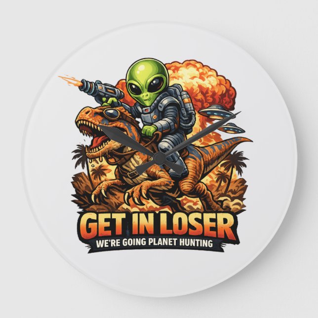 Reloj Redondo Grande Funny Sci-Fi Fantasy Meme Art, Alien Riding Dinosa (Anverso)