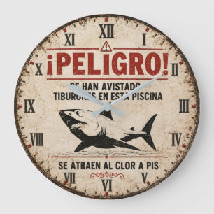 Reloj Redondo Grande Funny Shark Warning Spanish