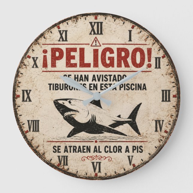 Reloj Redondo Grande Funny Shark Warning Spanish (Anverso)
