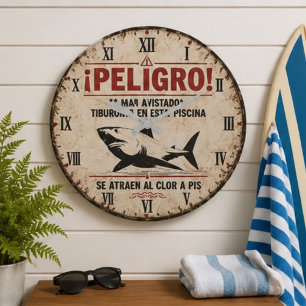 Reloj Redondo Grande Funny Shark Warning Spanish