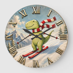 Reloj Redondo Grande Funny Skiing Dinosaur Cute Winter T-Rex Ski