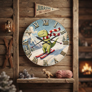 Reloj Redondo Grande Funny Skiing Dinosaur Cute Winter T-Rex Ski 
