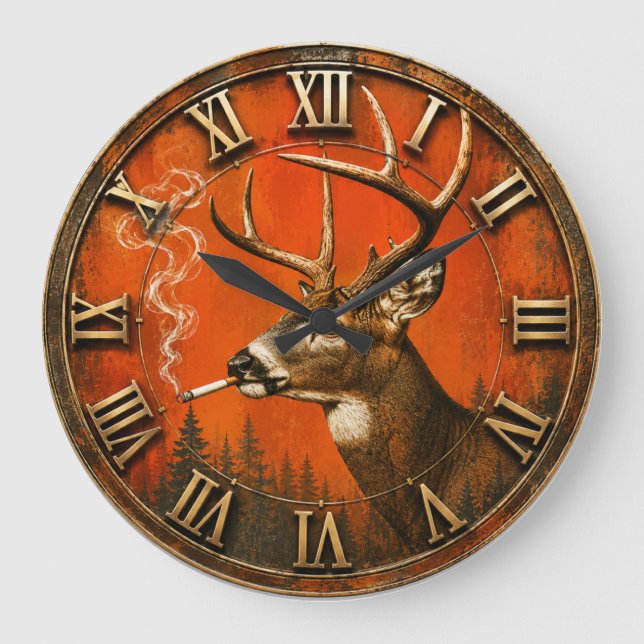 Reloj Redondo Grande Funny Smoking Deer Rustic Hunting Cabin  (Anverso)