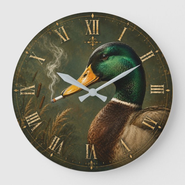 Reloj Redondo Grande Funny Smoking Duck Hunter Cabin  (Anverso)