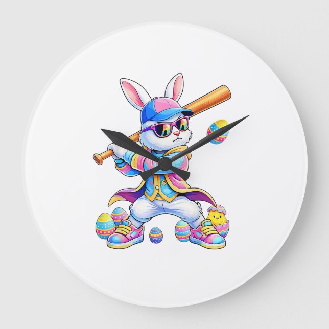 Reloj Redondo Grande Funny Tie Dye Rabbit Baseball Easter Bunny Men Boy (Anverso)