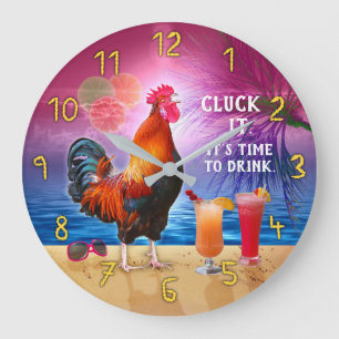 Reloj Redondo Grande Funny Tropical Beach Rooster Chicken   Cluck It