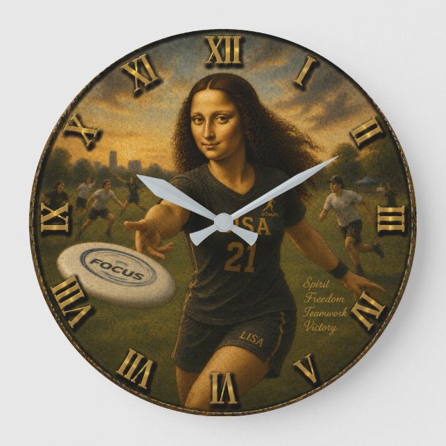 Reloj Redondo Grande Funny Ultimate Frisbee Mona Lisa Flying Disc Art (Anverso)