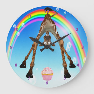 Reloj Redondo Grande Funny Whimsical Giraffe Cupcake & Rainbow