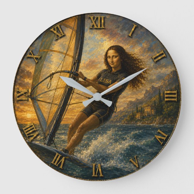 Reloj Redondo Grande Funny Windsurfing Mona Lisa Sailing Ocean Gift (Anverso)