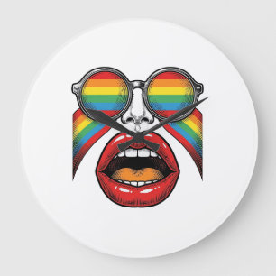 Reloj Redondo Grande Gafas de sol arcoíris retro labios cara diseño vec