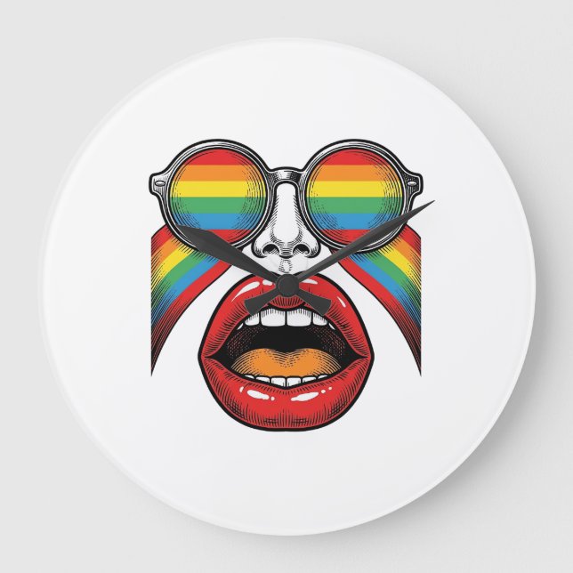 Reloj Redondo Grande Gafas de sol arcoíris retro labios cara diseño vec (Anverso)
