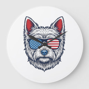 Reloj Redondo Grande Gafas de sol de perro Westie patrióticas Arte vect