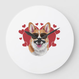Reloj Redondo Grande Gafas de sol geniales de amor de Corgi rodeadas de
