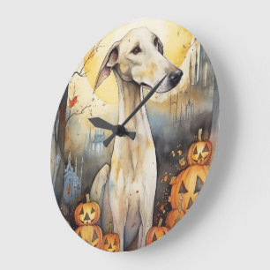 Reloj Redondo Grande Galgo de Halloween con calabazas aterrador
