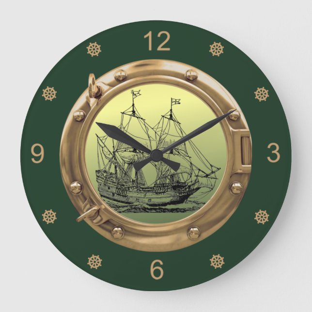 Reloj Redondo Grande Galleon Sailing Ship ~ Brass Porthole ~ (Anverso)