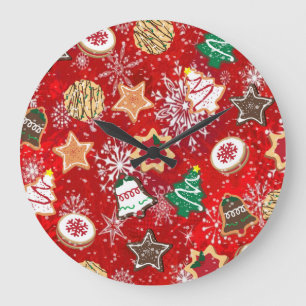 Reloj Redondo Grande Galletas de Navidad y Copos de Nieve en Rojo