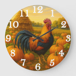 Reloj Redondo Grande Gallo colorido en la cosecha de calabazas