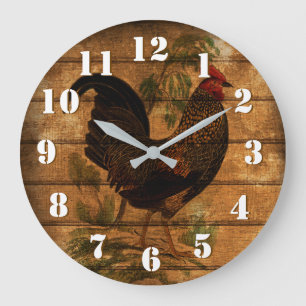 Reloj Redondo Grande Gallo de campo elegante sobre madera rústica