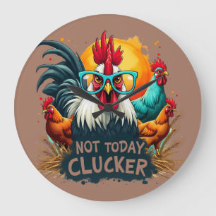 Reloj Redondo Grande Gallo Divertido "No Hoy Clueco" Arte de Vida en la