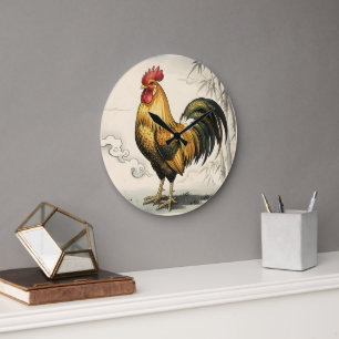 Reloj Redondo Grande Gallo dorado arte japonés