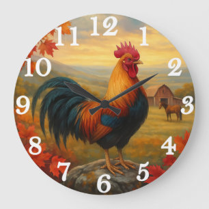 Reloj Redondo Grande Gallo majestuoso en el campo rústico