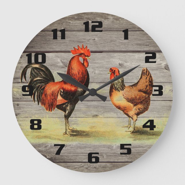 Reloj Redondo Grande Gallo rústico de campo vintage (Anverso)
