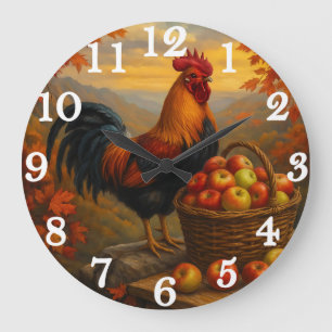 Reloj Redondo Grande Gallo vibrante con manzanas en el corral
