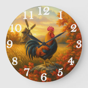 Reloj Redondo Grande Gallo vibrante en cosecha dorada