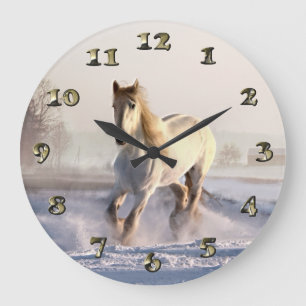 Reloj Redondo Grande Gallopaje de caballos blancos a través de la nieve