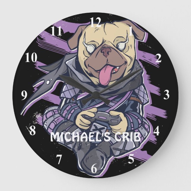 Reloj Redondo Grande Gamer Pug Ninja Neon Look Gift Guay (Anverso)